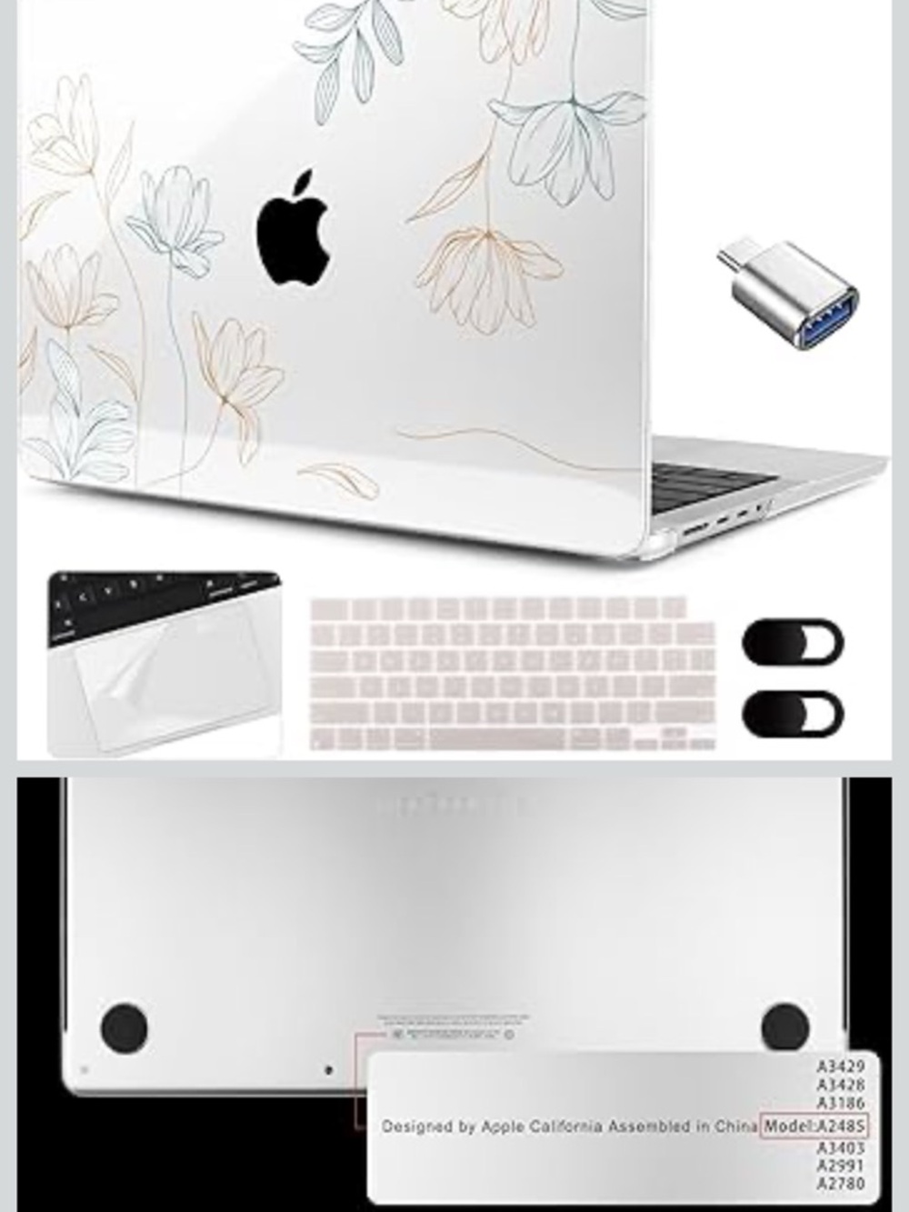 Apple Clear Laptop Case with Pastel Floral and Rose Accents